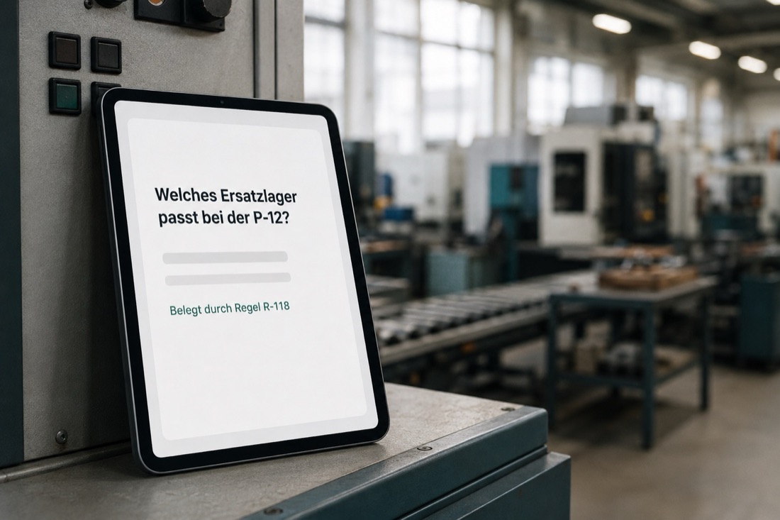 Ein Tablet lehnt an einer Maschinensteuerung und zeigt eine Antwort mit der Beleg-Zeile zur Regel